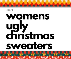 Text shouts Best-Womens-Ugly-Christmas-Sweaters-Ugly-Sweaters-Blog-Image on white, framed by a wild rainbow knit border—perfect for winning worst-dressed at your next holiday bash or nabbing the most tragic white elephant gift.