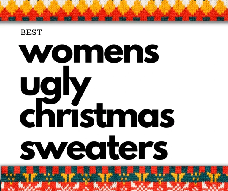 Text shouts Best-Womens-Ugly-Christmas-Sweaters-Ugly-Sweaters-Blog-Image on white, framed by a wild rainbow knit border—perfect for winning worst-dressed at your next holiday bash or nabbing the most tragic white elephant gift.
