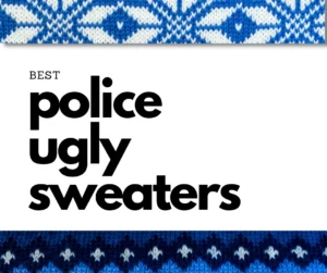 A white backdrop rocks bold black text and classic blue-and-white sweater patterns—serve law and disorder at your wildest holiday bash!.