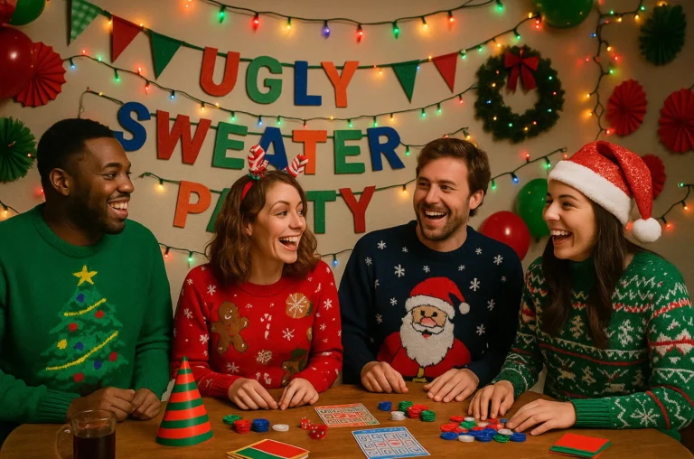 Four party legends rock hilariously hideous Christmas sweaters, cracking up at a game under wild lights and a “Ugly Sweater Party” banner.