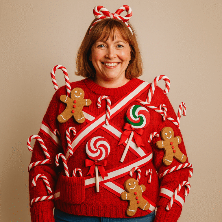 Grinning woman rocks a candy cane headband and bonkers DIY Ugly Christmas Sweater loaded with gingerbread men and lollipops—iconic chaos!.