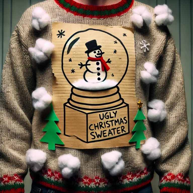 Rocking a beige jumper featuring a gloriously DIY snow globe—cardboard, cotton balls, felt trees, and zero shame. Party goals!.