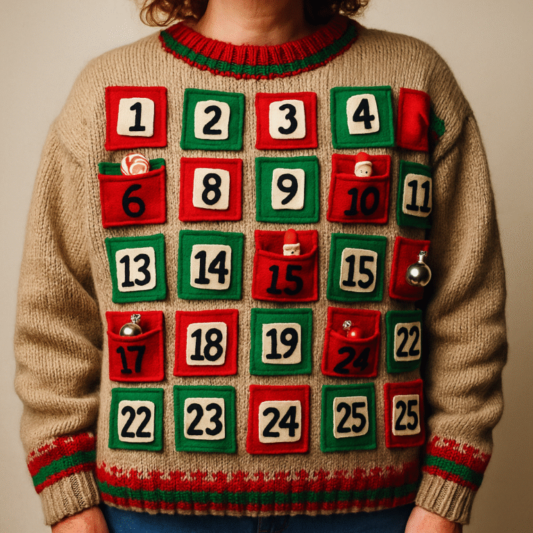 Get ready to party: a beige Christmas sweater explodes with red-green advent pockets, crammed with ornaments and cheeky treats!.