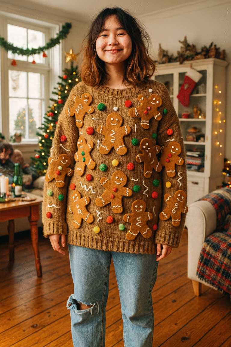 A grinning party hero rocks the Gingerbread Catastrophe sweater—giant gingerbread dudes! Pom-poms! Christmas tree mayhem behind!.