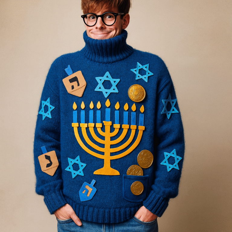 Grinning in a DIY Ugly Hanukkah Sweater decked with felt menorahs, dreidels, and coins—this loud blue masterpiece steals the party!.