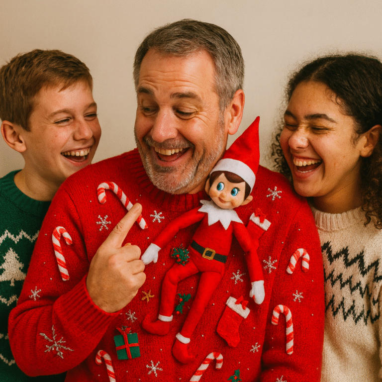 Grinning guy flaunts a wild DIY Elf on the Shelf sweater, Elf in hand, photobombed by giggling kids—festive chaos achieved!.