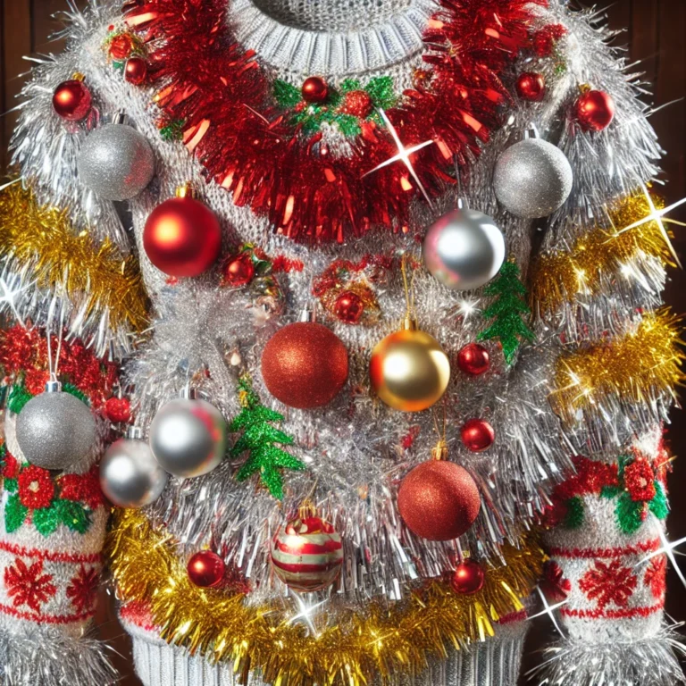 Someone rocking a DIY ugly Christmas sweater exploding with tinsel, baubles, and enough sparkle to blind Santa himself.