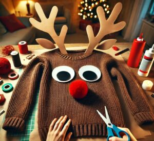 Behold: DIY Rudolph sweater rocking antlers, googly eyes, and a fabulous red nose. Craft chaos and twinkling tree included.