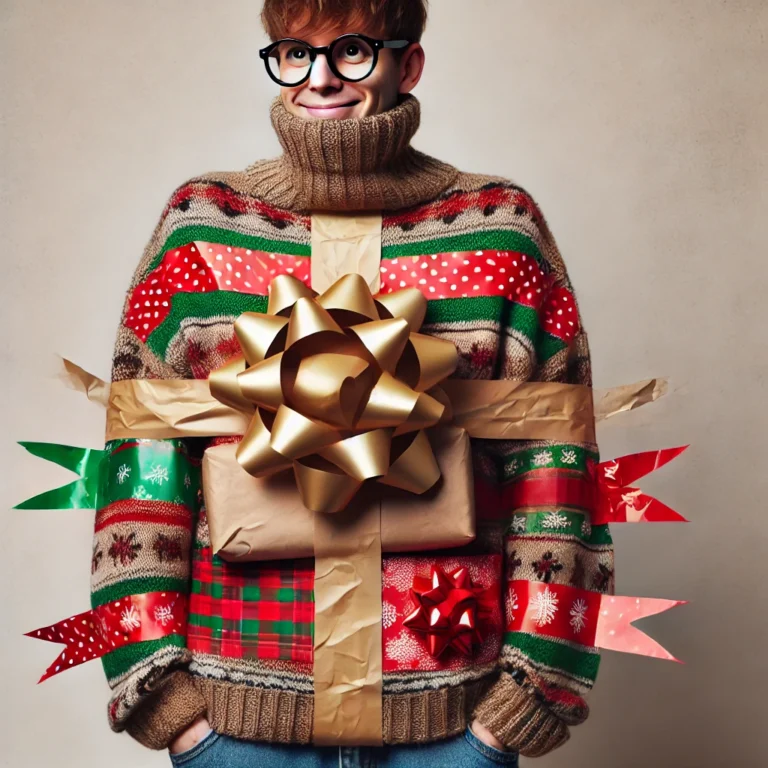 A grinning trendsetter in glasses rocks a DIY ugly sweater, decked out with wild wrapping paper and a massive gift bow—holiday party legend!.