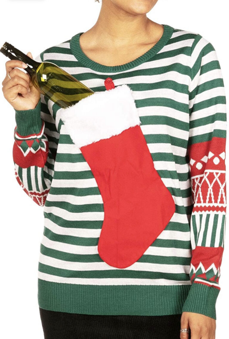 Get ready to sleigh: green and white stripes, wild red sleeves, and a stocking pocket for your wine—party fuel not included!.