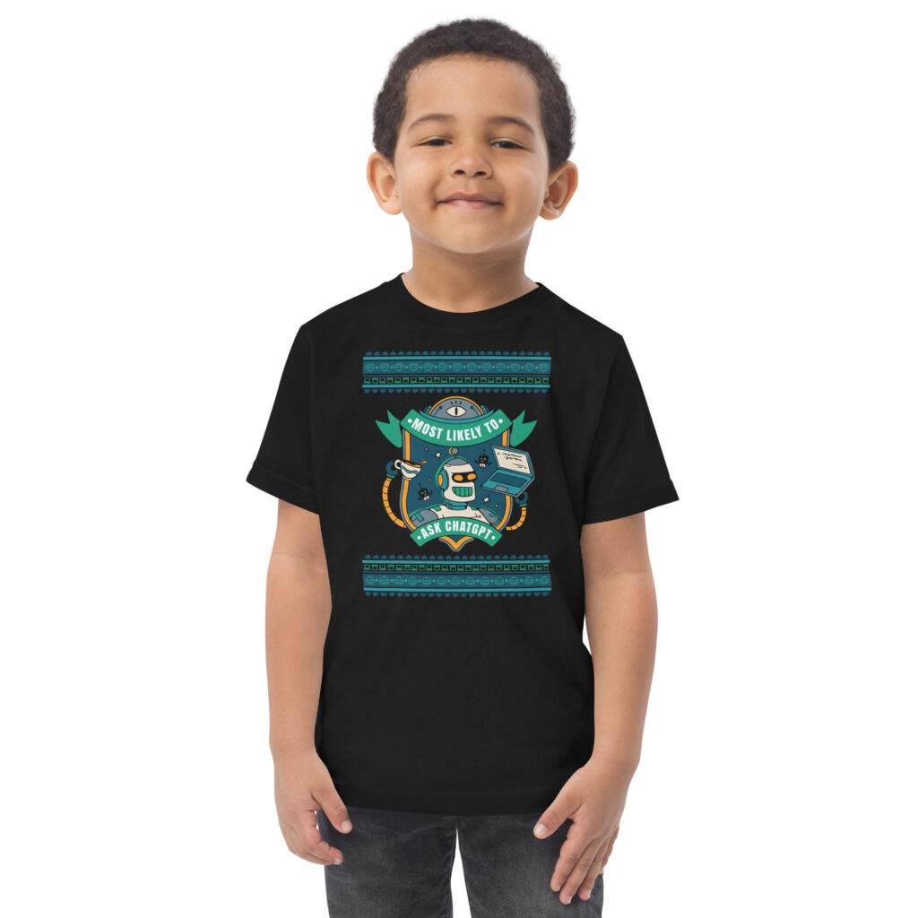 A grinning kid rocks a black tee blasting a zany, snack-obsessed robot. Because even toddlers want to win White Elephant, duh!