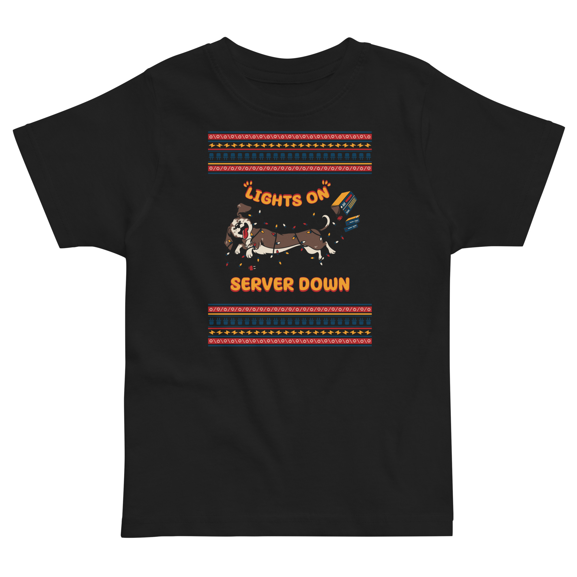 Bring the party, kiddo! Black tee flaunts a buffalo hopelessly wrapped in lights—text says: "Lights On Server Down." Festive chaos!.