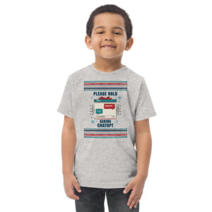 A grinning kid rocks a heather gray tee shouting “PLEASE HOLD… ASKING CHATGPT” with chat boxes—sassy party vibes in toddler size!.