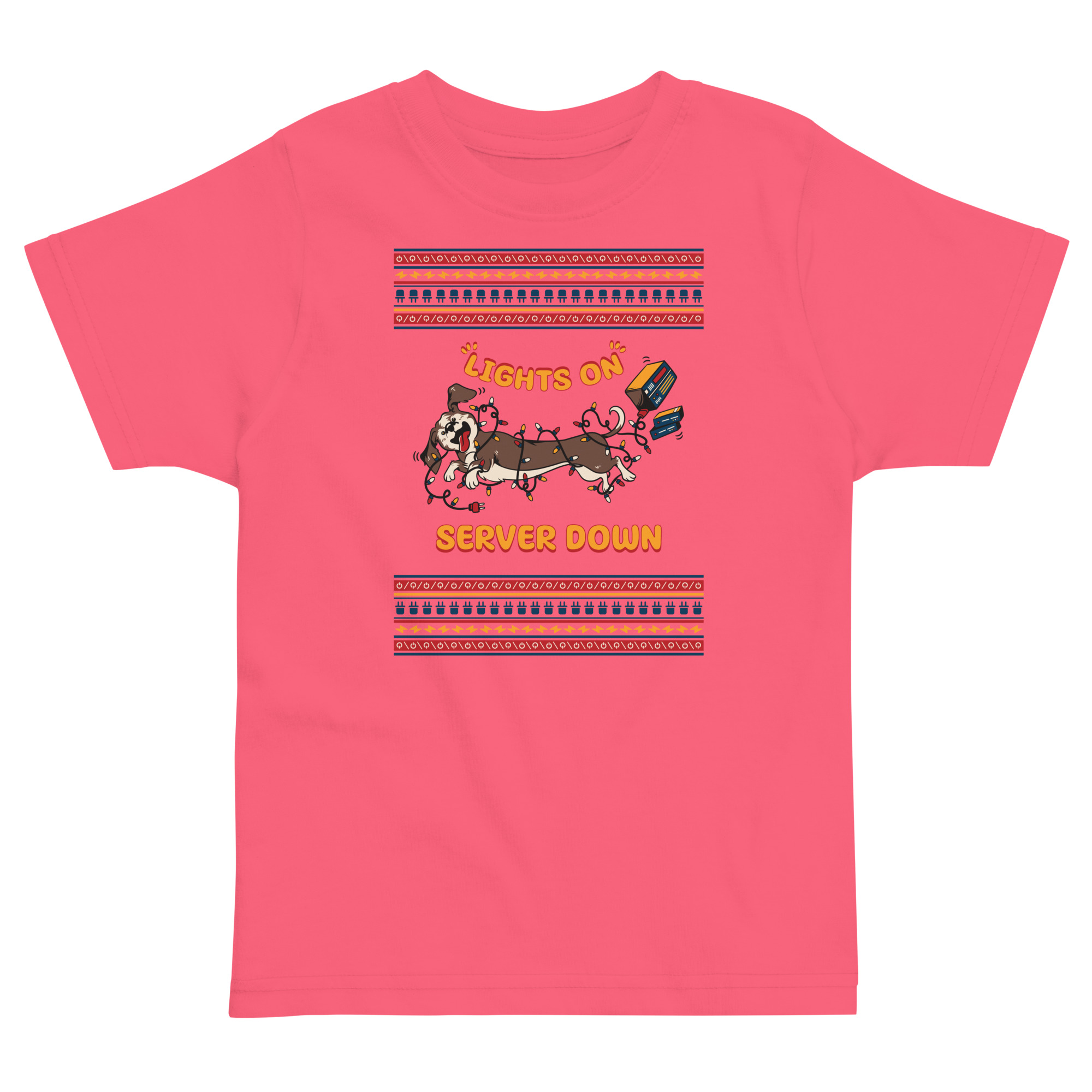 Brace yourself: hot pink toddler tee with cartoon pups hopelessly tangled in lights, “Lights On Server Down”—chaos never looked cuter!.