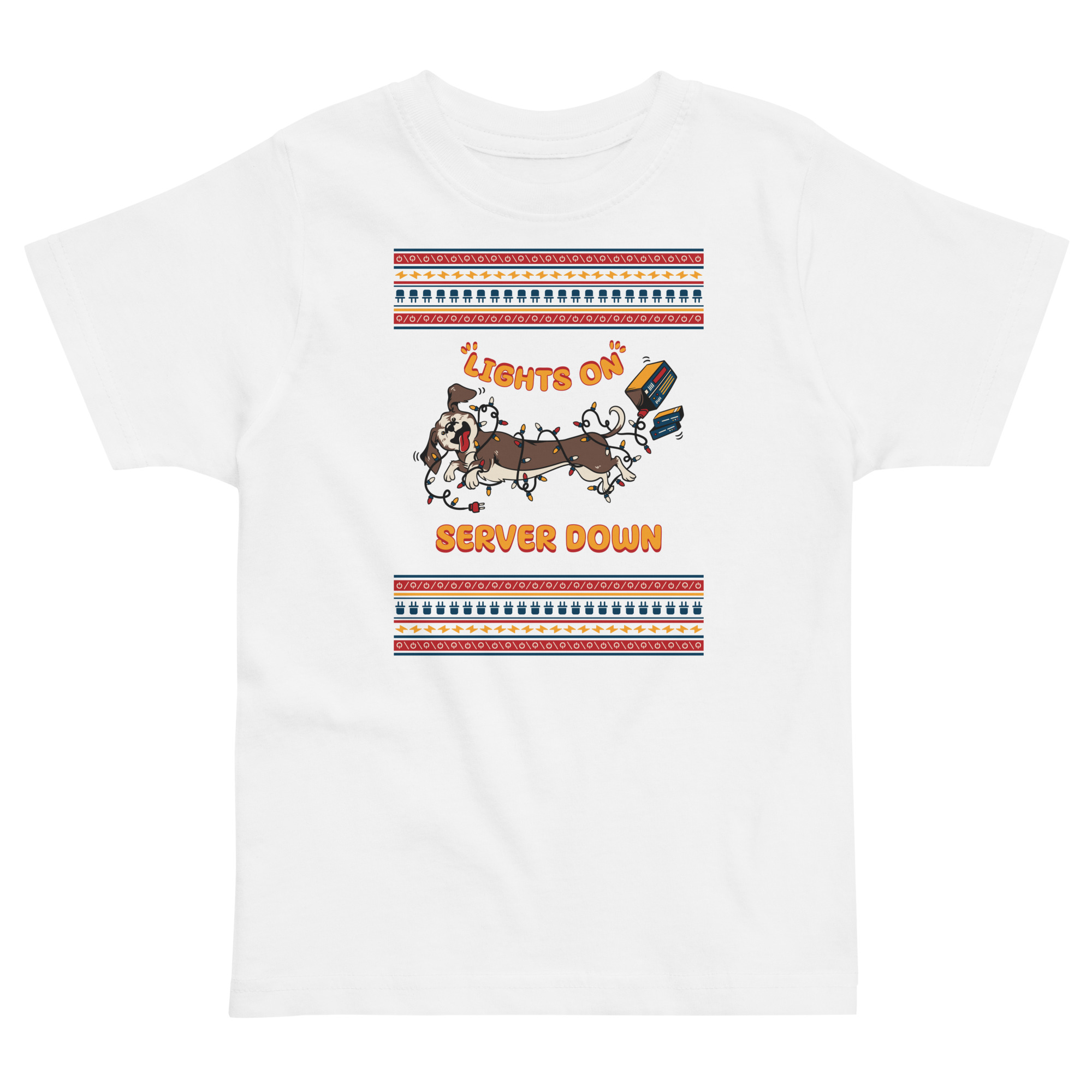 White toddler tee starring cartoon dogs tangled in wires, a crashed computer, and “LIGHTS ON SERVER DOWN” blazed in orange—because even Santa’s WiFi crashes at Christmas!.