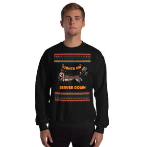 Party animal alert! Dude rocks a black sweatshirt starring a tangled dachshund and “Lights On, Server Down”—geeky merry chaos!.