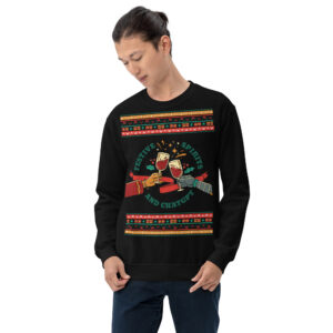 Party legend alert: long-haired reveler rocks a wild sweater with riotous colors, clinking glasses, and “Festive Spirits and ChatGPT.”.