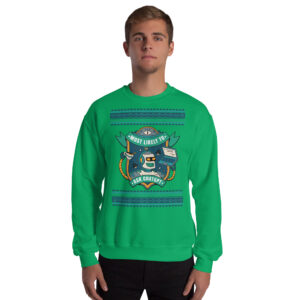 Party-crasher rocks a bright green nerd-alert sweatshirt with a festive robot, books, and “Most Likely To Ask ChatGPT” blaring.