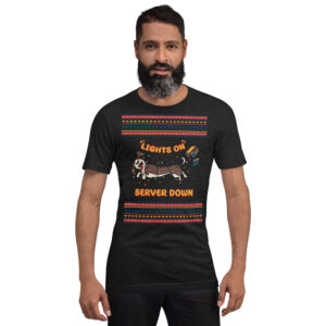A bearded dude rocks a black tee flaunting a dachshund tangled in twinkle lights and “Lights On Server Down”—the IT elf’s party anthem!.