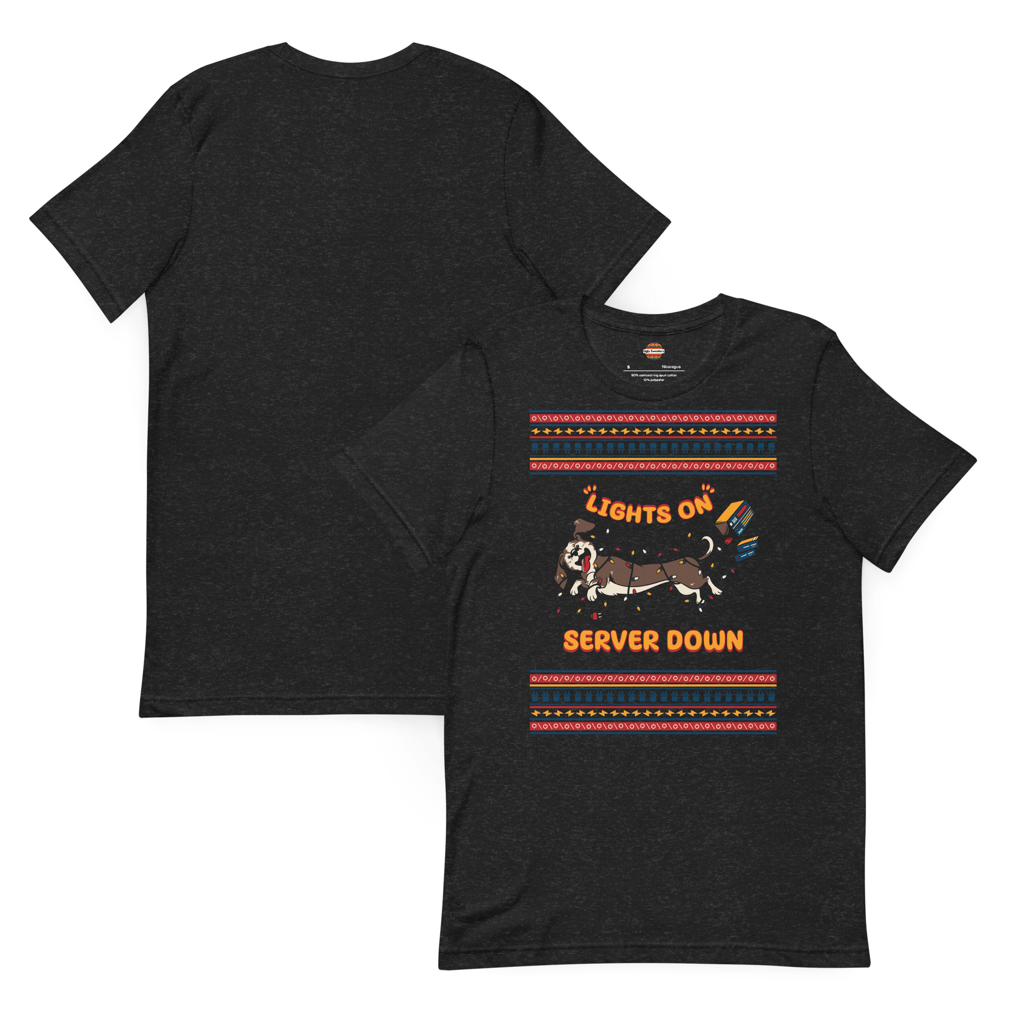 Holiday chaos alert! Two black tees flaunt a dog in tangled lights and “Lights On, Server Down.” Perfect for festive mischief!.
