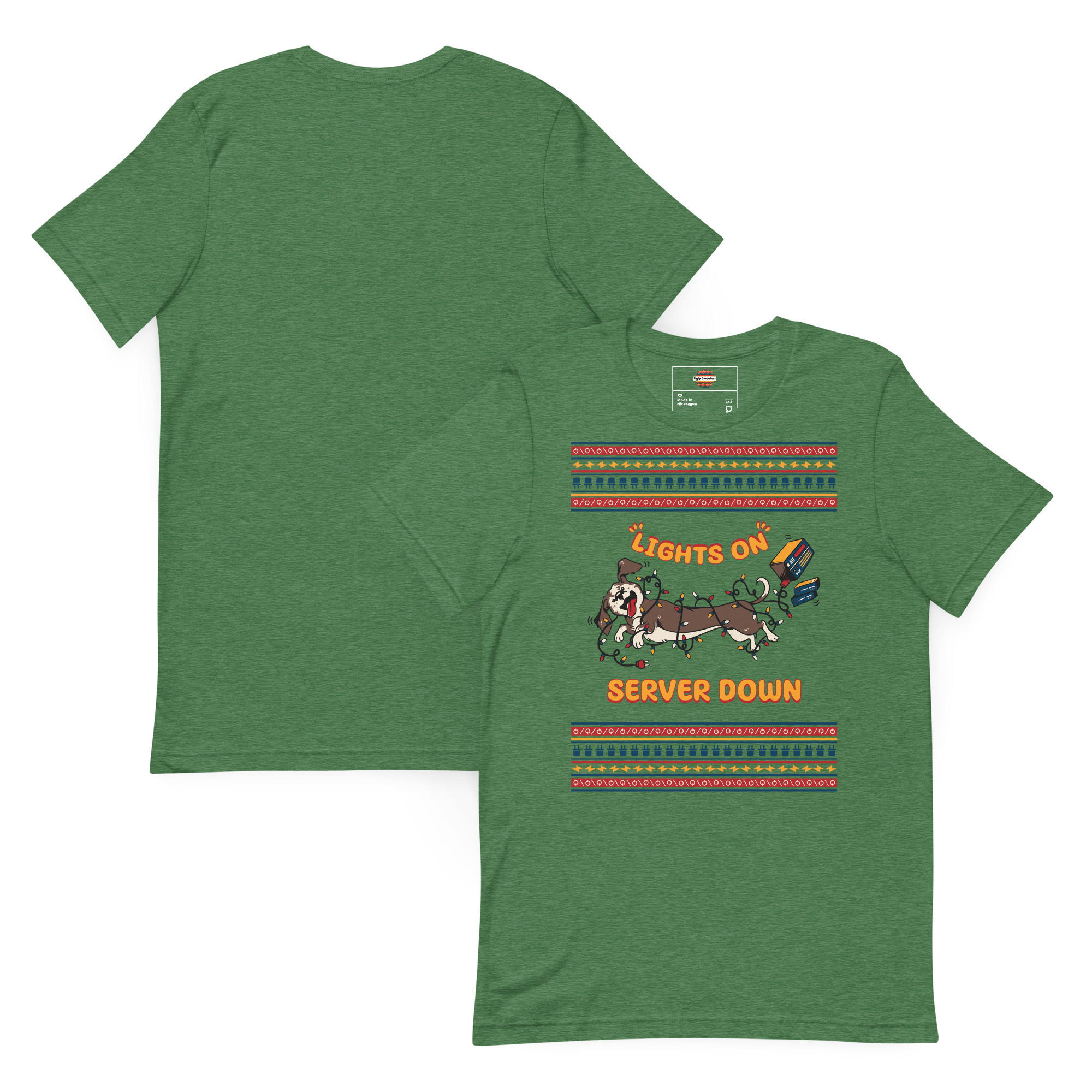 Heather grass green unisex tee flaunts two dogs in a blinky-bulb disaster—“Lights On and Server Down” screams in orange. Party winner!.