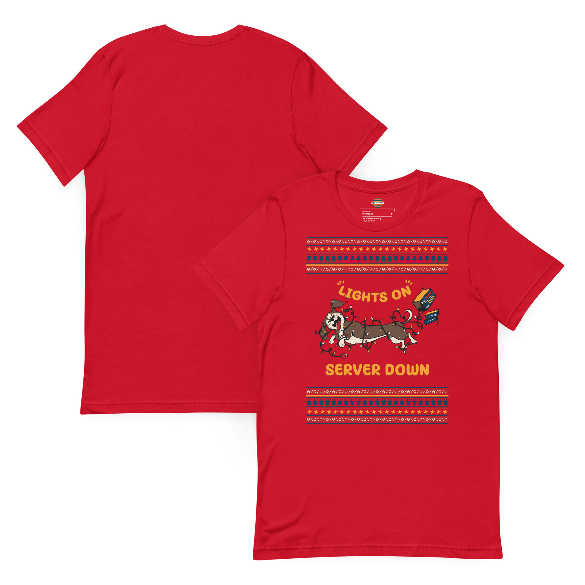 Party-ready unisex red tee flaunts two reindeer towing a busted, light-strangled server—“Lights On, Server Down!” Own the mayhem!.