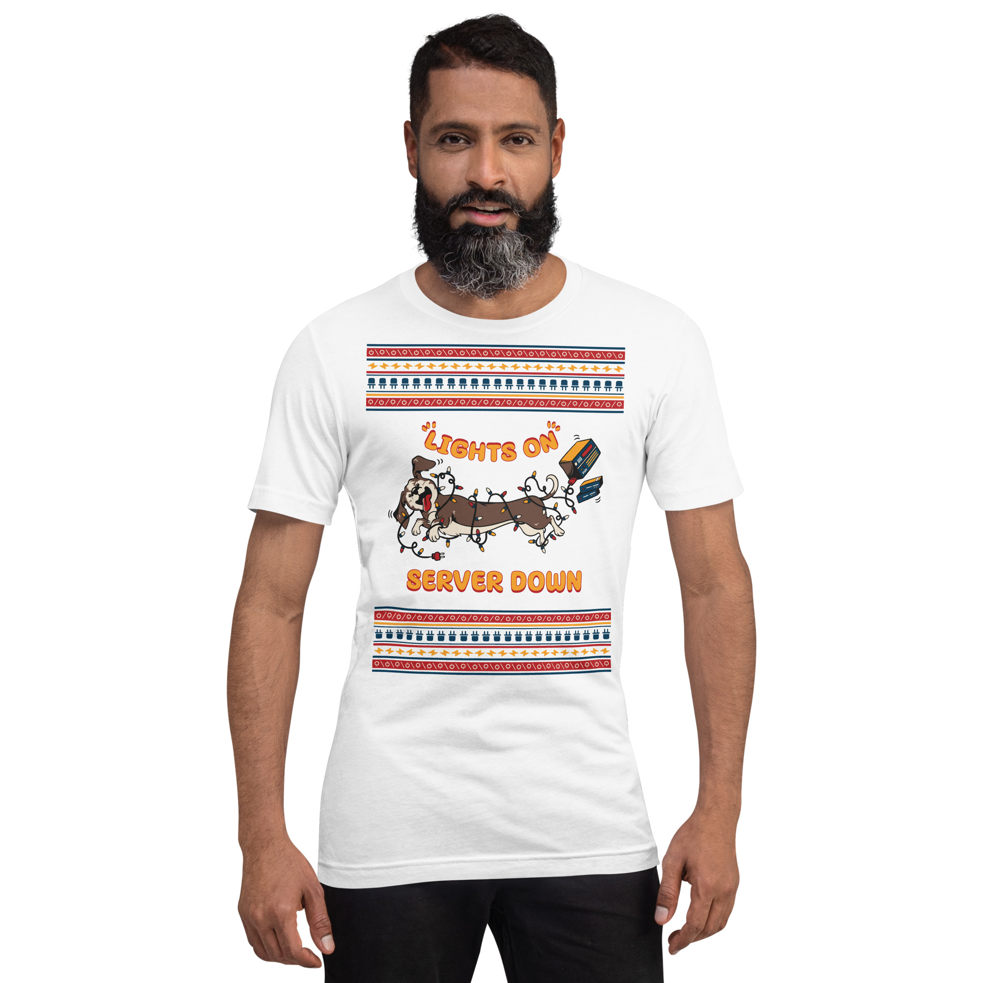 A bearded guy rocks a white “Lights On, Server Down” tee decked in tangled lights and pure tech meltdown—all-out holiday chaos!.