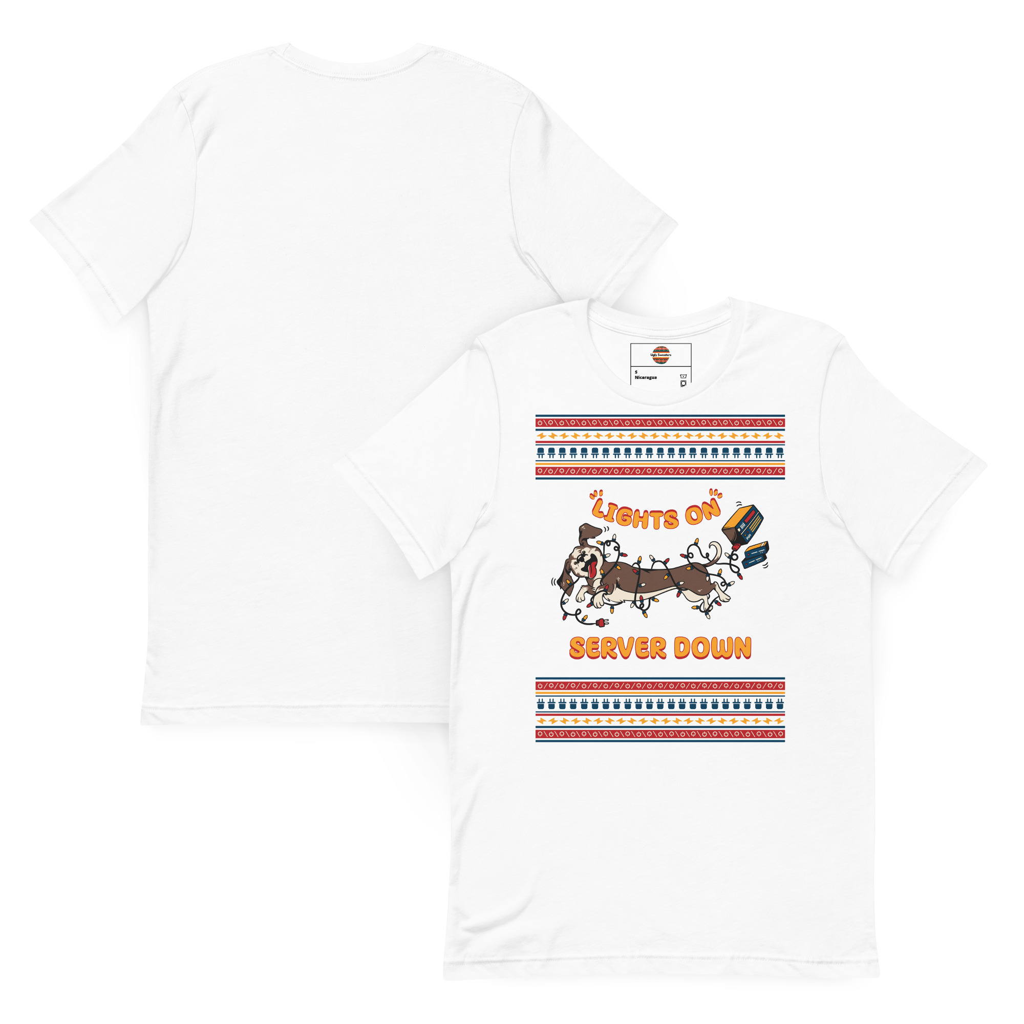 Unisex white tee with two cows yanking wires under "LIGHTS ON SERVER DOWN," crazy colorful stripes—back blank. Festive chaos, anyone?.