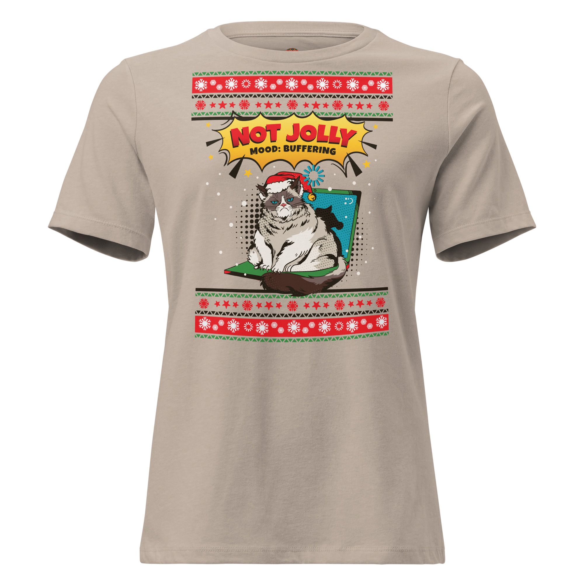 Heather Stone tee flaunts a cranky cat in a Santa hat on a laptop, "MOOD: BUFFERING" and wild holiday prints—pure party snark!.