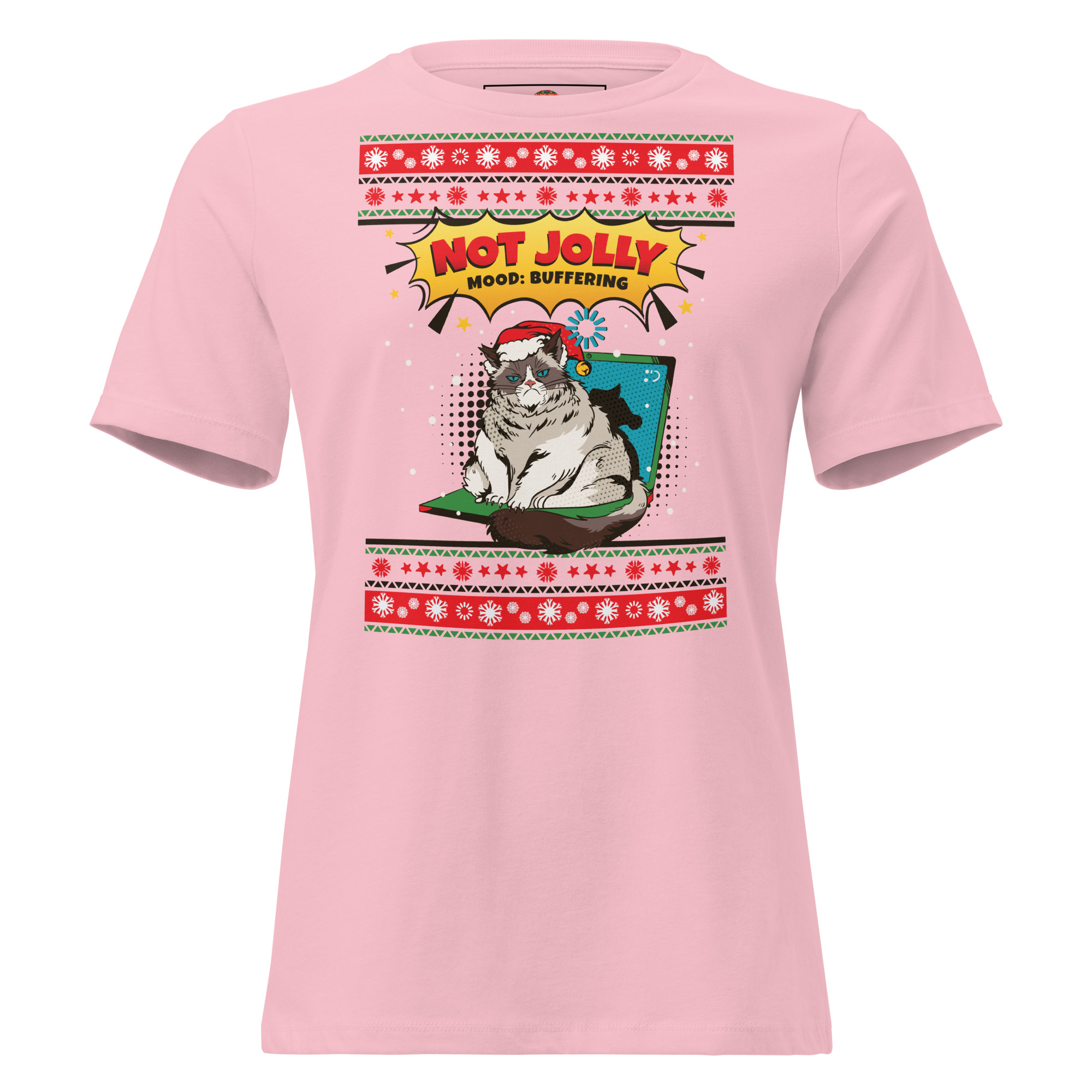 Pink tee featuring a cranky Santa cat buffering on a laptop—festive red doodles, full-on sass, zero jolly vibes.