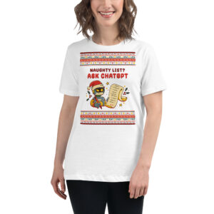 Grinning partier rocks a tee with a sassy robot, epic naughty list, “Naughty List? Ask ChatGPT,” and wild festive borders.