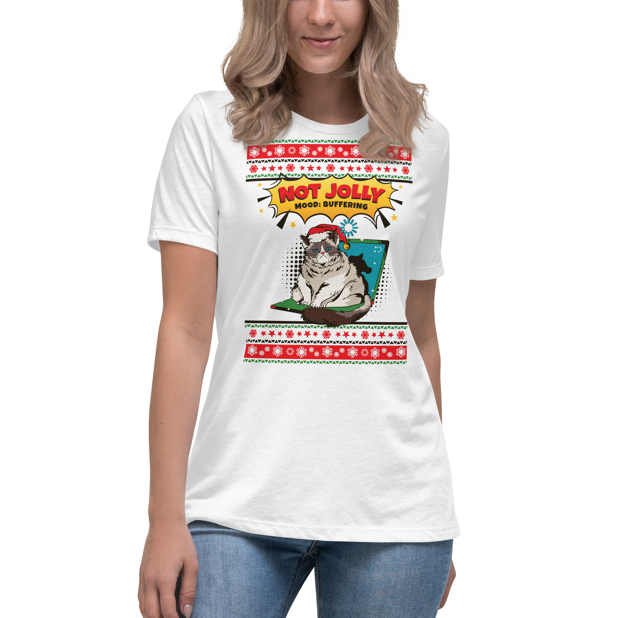 A woman rocks a tee flaunting a grumpy cat in a Santa hat, “Not Jolly, Mood: Buffering.” Red & white sass—festive mischief mode!.