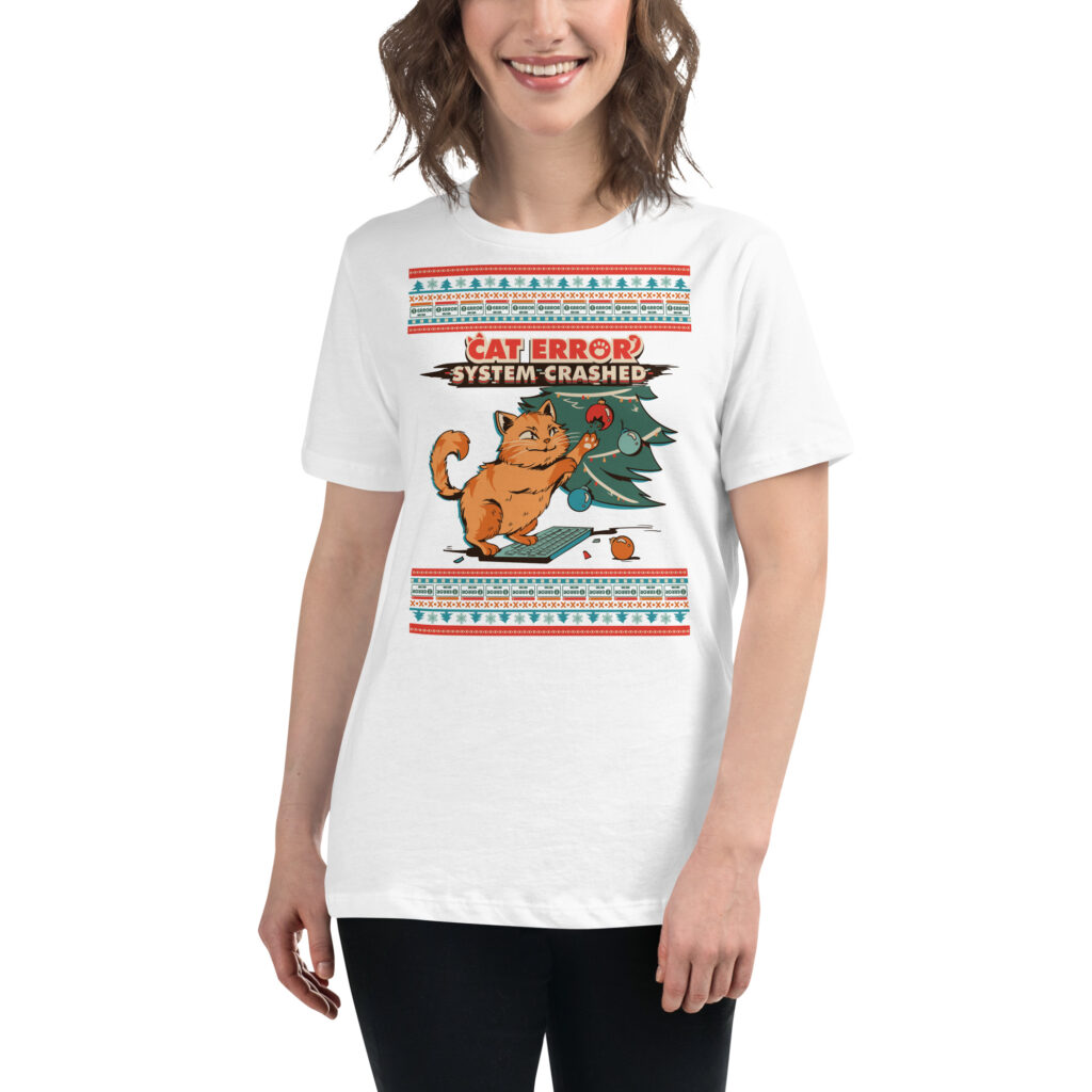 Grinning party-goer rocks a white tee with a chaotic cat toppling a Christmas tree. “CAT ERROR SYSTEM CRASHED!” Total holiday havoc!