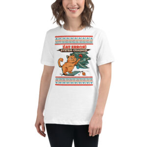 Grinning party-goer rocks a white tee with a chaotic cat toppling a Christmas tree. “CAT ERROR SYSTEM CRASHED!” Total holiday havoc!