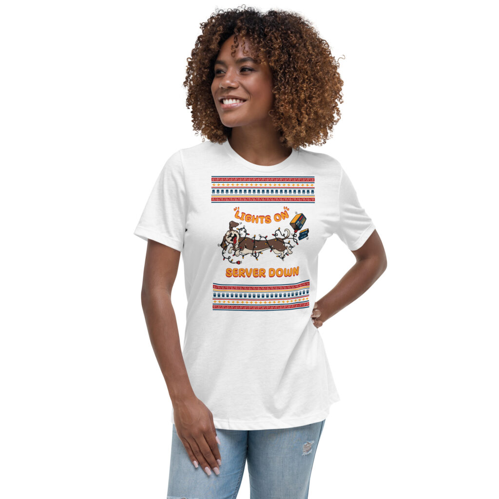 A curly-haired woman grins sassily in a tee blasting “Lights On, Server Down” with a cowboy and wild stripes. Party’s definitely on pause!