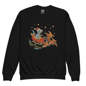 Black youth sweatshirt starring a dino in a Santa hat riding a sleigh pulled by pterodactyls, plus stars—ugly Christmas joy overload!.