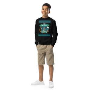 Grinning kid rocks khaki shorts and white kicks, leveling up in a wild black gamer sweatshirt—holiday gift win, party ready!.
