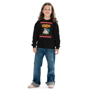 A grinning girl rocks wild curls and a black sweatshirt with a sassy cat and “Not Jolly”—jeans, pink shoes, max party mischief!.