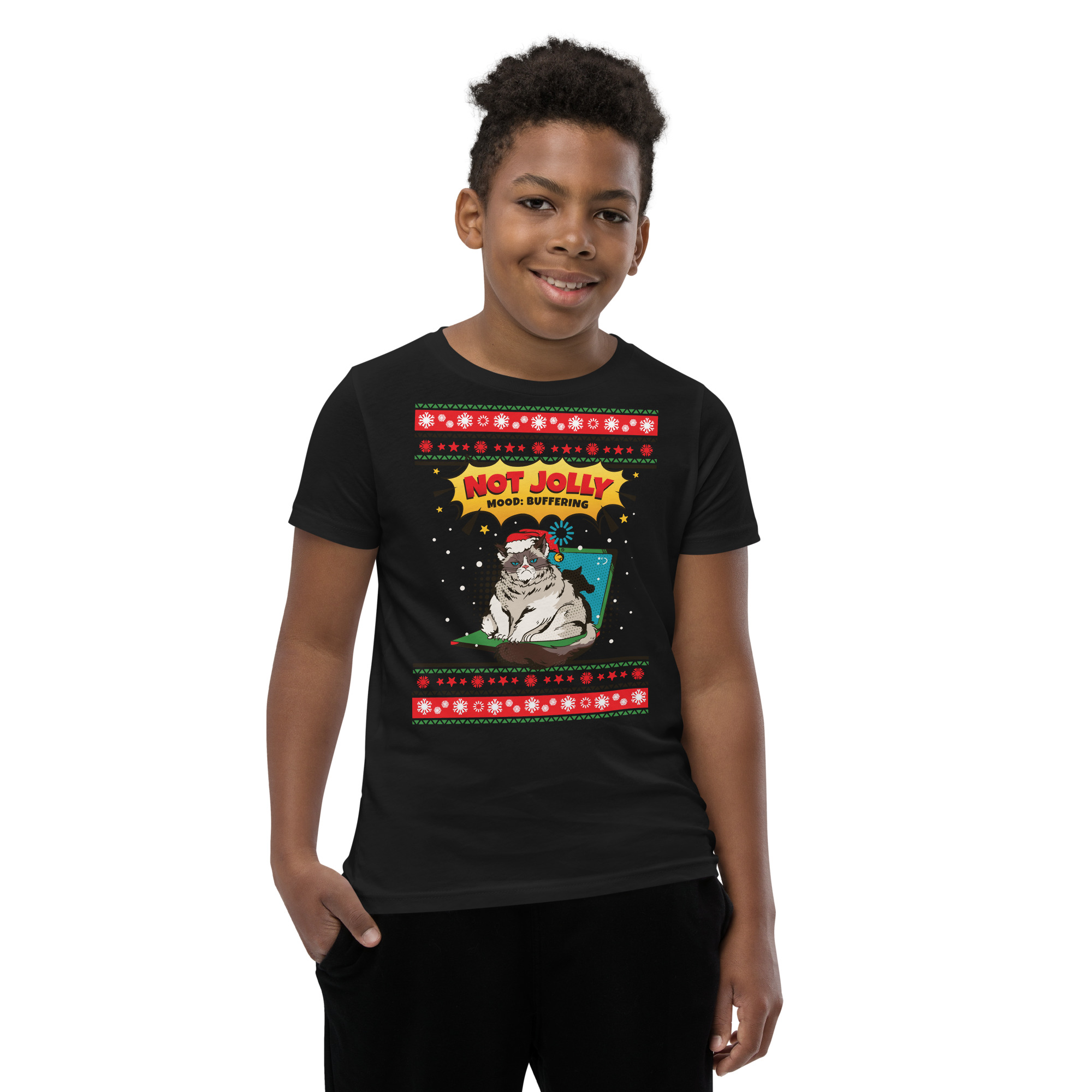 Grinning kid rocks a black tee flaunting a grouchy cat in holiday gear, “Not Jolly, Not Sorry,” stars and snowflakes—bring on the party sass!.