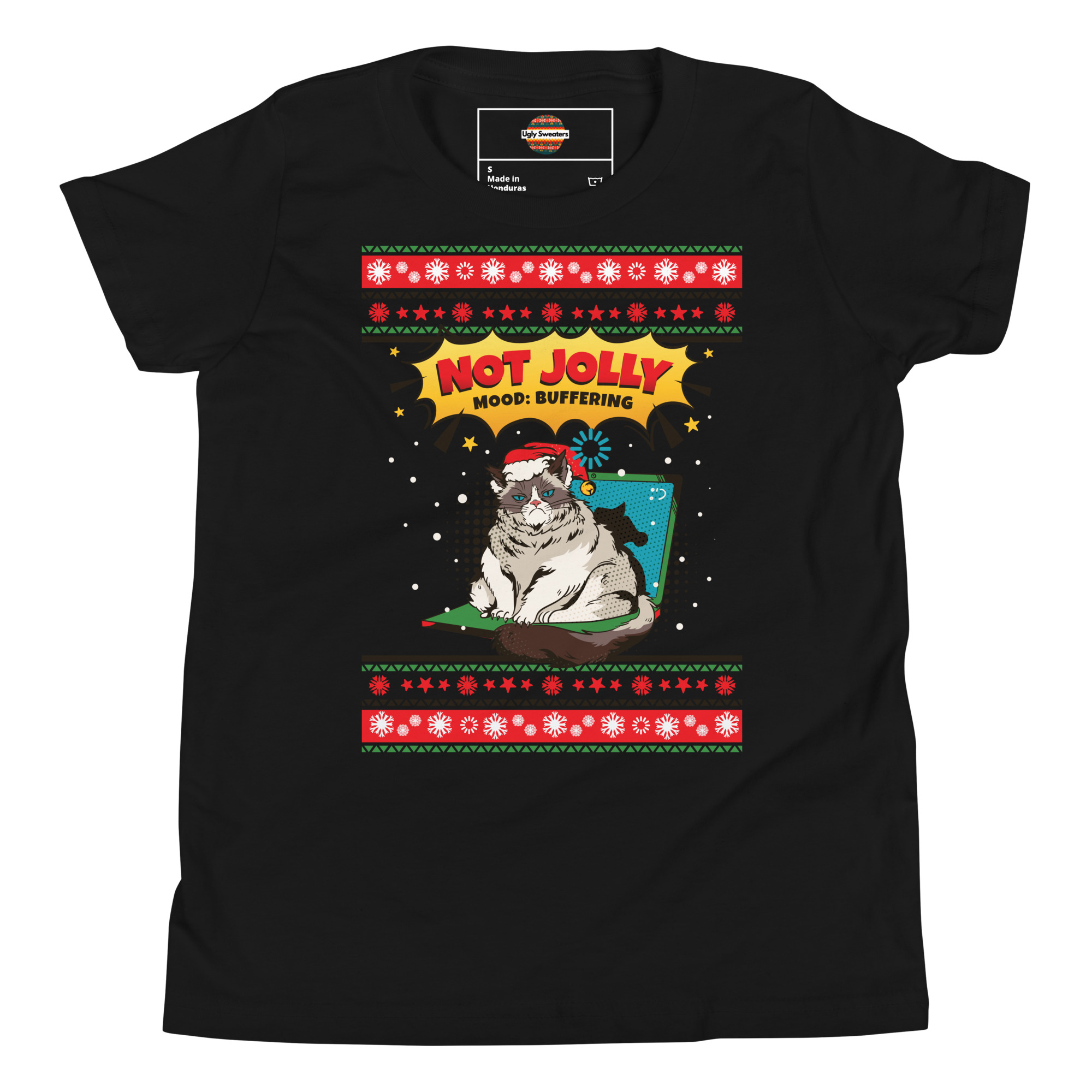 Grumpy cat in a Santa hat, blue loading icon, “NOT JOLLY” and “MOOD: BUFFERING”—zero chill, max festive chaos!.