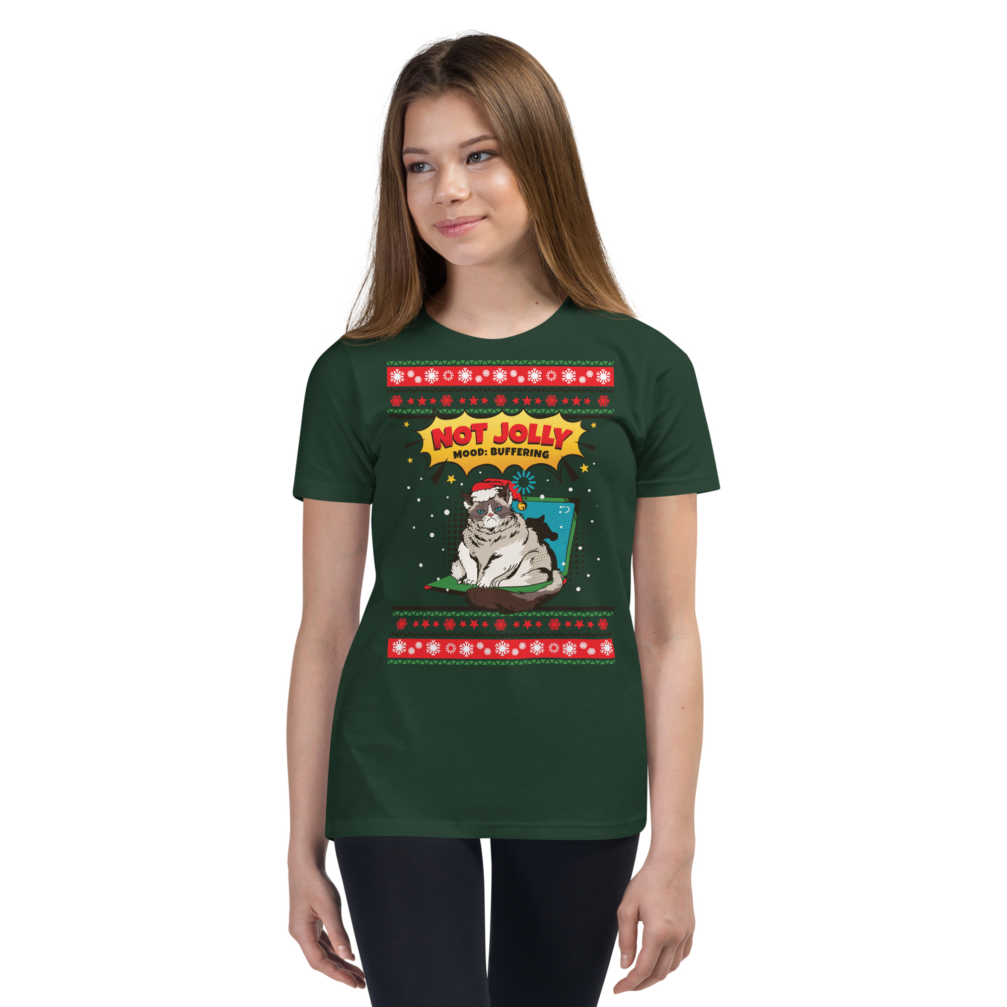 A young woman rocks a Forest Youth Tee decked out like a tacky Xmas sweater, flaunting a grumpy cat in a Santa hat and snarky “Not Jolly, Hoof Buffering” slogan—party legend alert!.