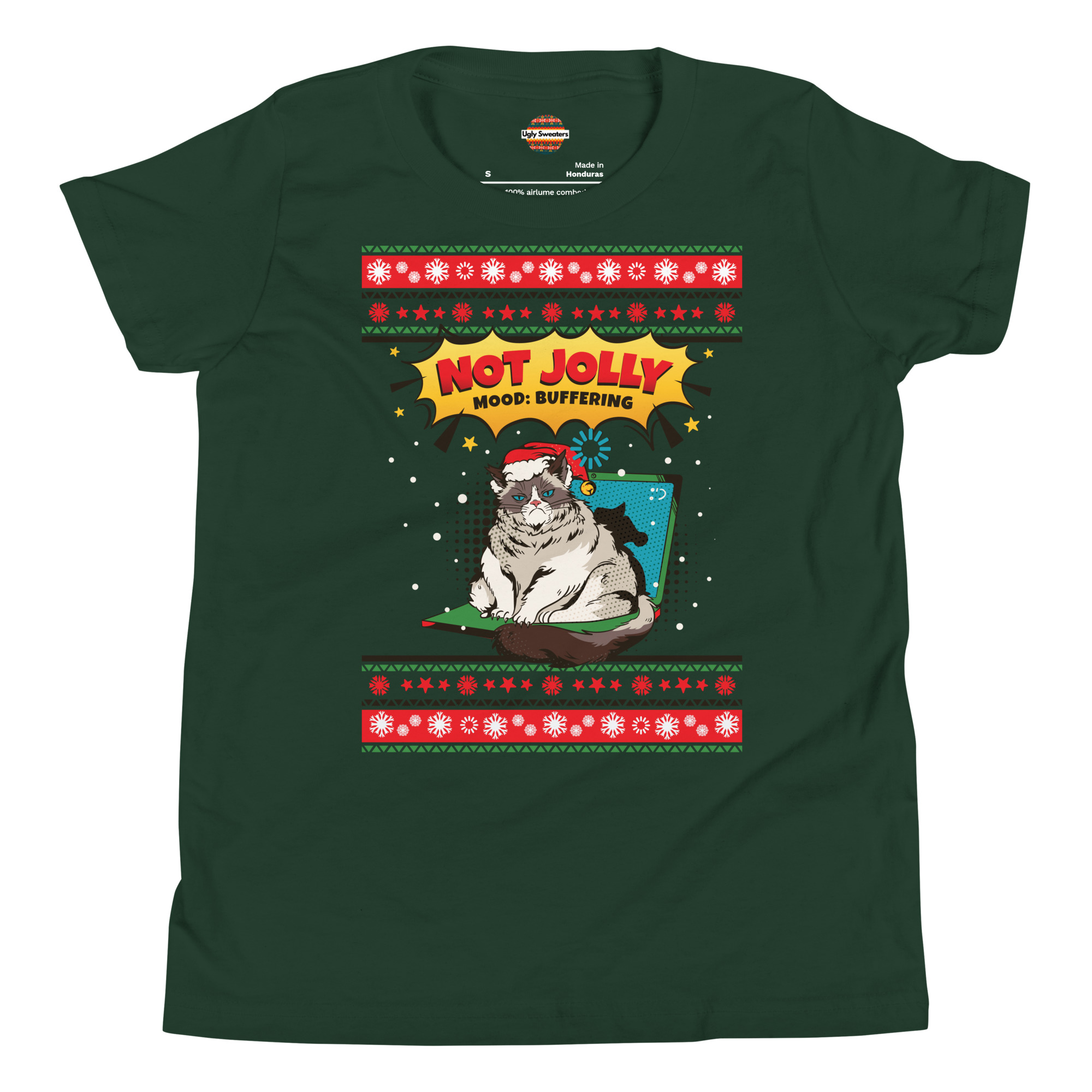 Grumpy cat in a Santa hat, stuck by a laptop on green tee—NOT JOLLY: MOOD: BUFFERING. Festive party chaos starts here!.