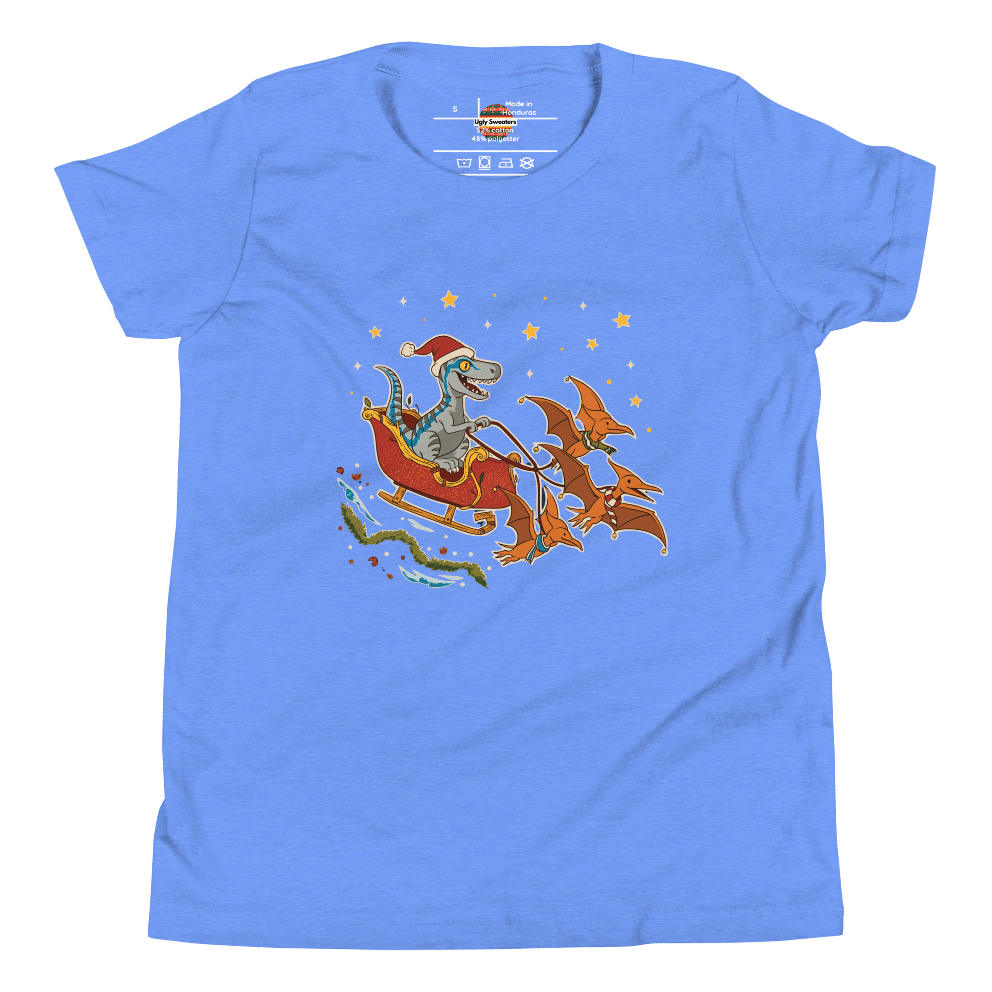 Cartoon dino in a Santa hat rides a sleigh pulled by pterodactyls—festive, starry, and ready to win that ugly sweater contest!.