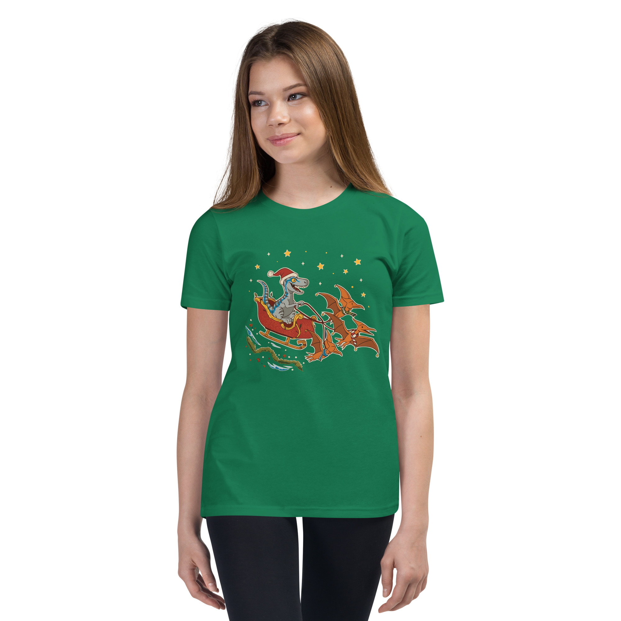 A gal with luscious brown hair rocks a blinding green tee—Santa, sleigh, reindeer, stars—holiday chaos anyone would fight over!.