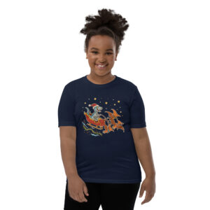 A grinning girl with curly hair rocks a navy tee covered in party-ready dinos, stars, and a moon—gift it or win style points!.