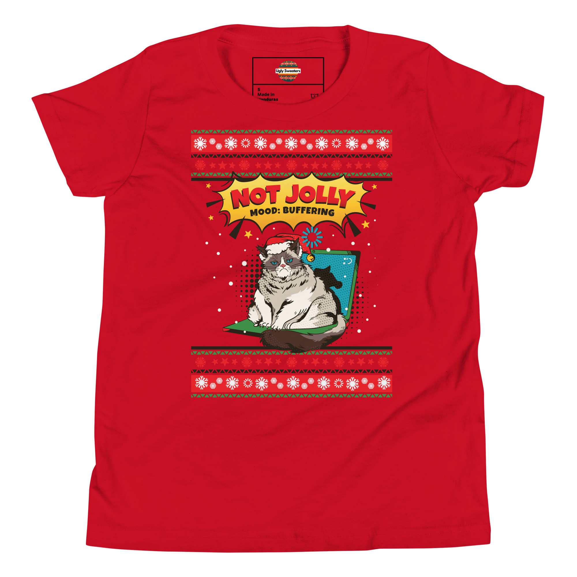 Ridiculously festive red tee flaunting a Santa-hat cat buffering on a laptop, “NOT JOLLY MOOD” and snowflakes—holiday LOLs!.