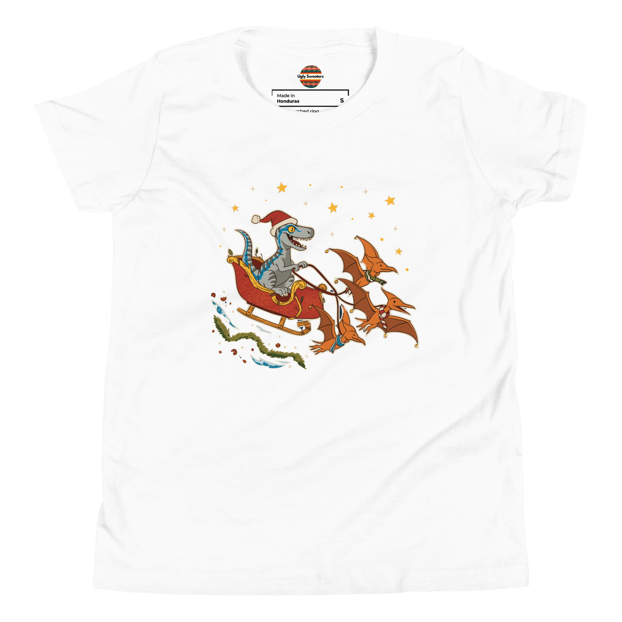 White youth tee flaunting a dino in a Santa hat, sleighing via pterodactyls—stars and festive flair, ultimate party chaos.