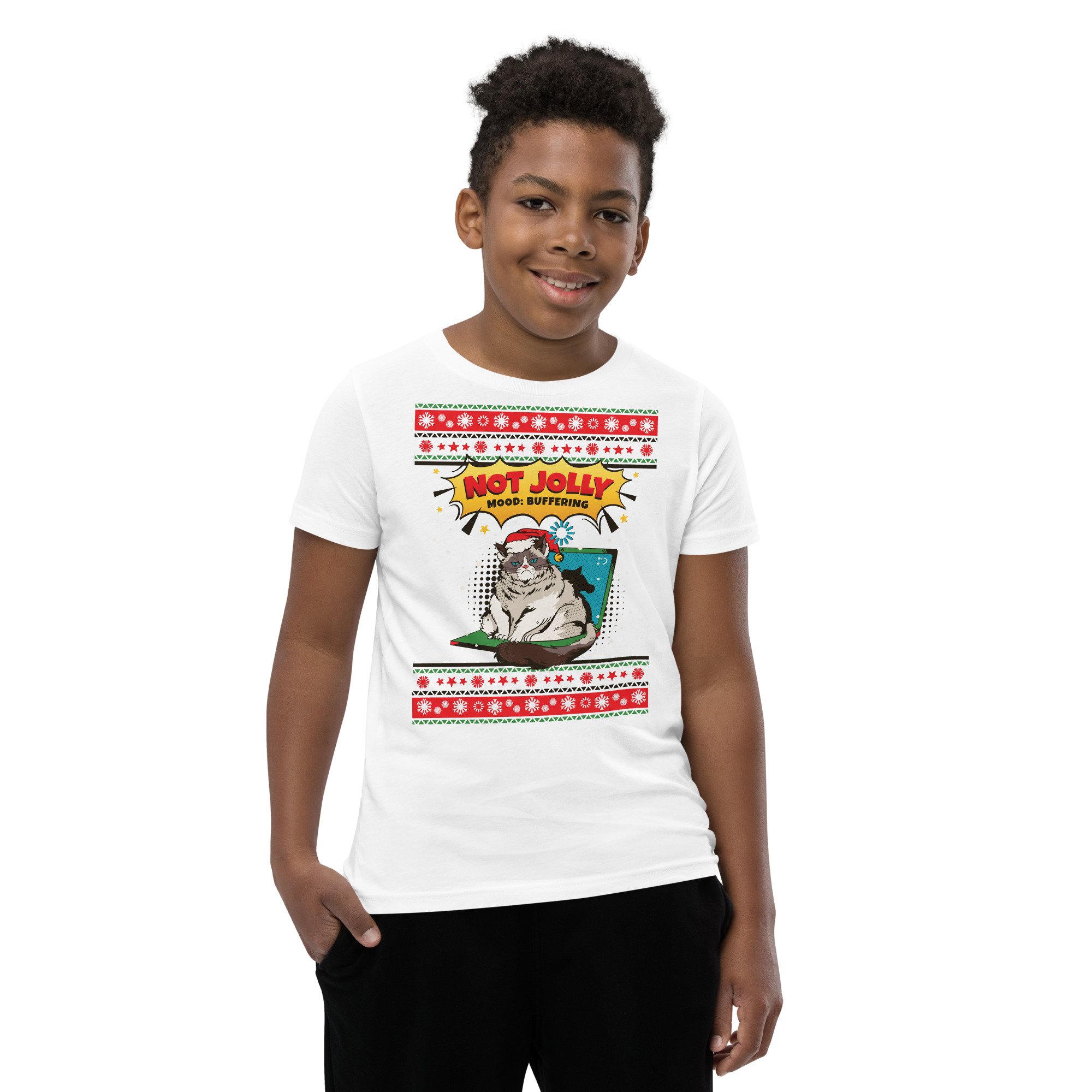 Grinning kid rocks a white tee flaunting a Not Jolly, More Butthole cat and loud red Xmas patterns—pure party shirt chaos!.