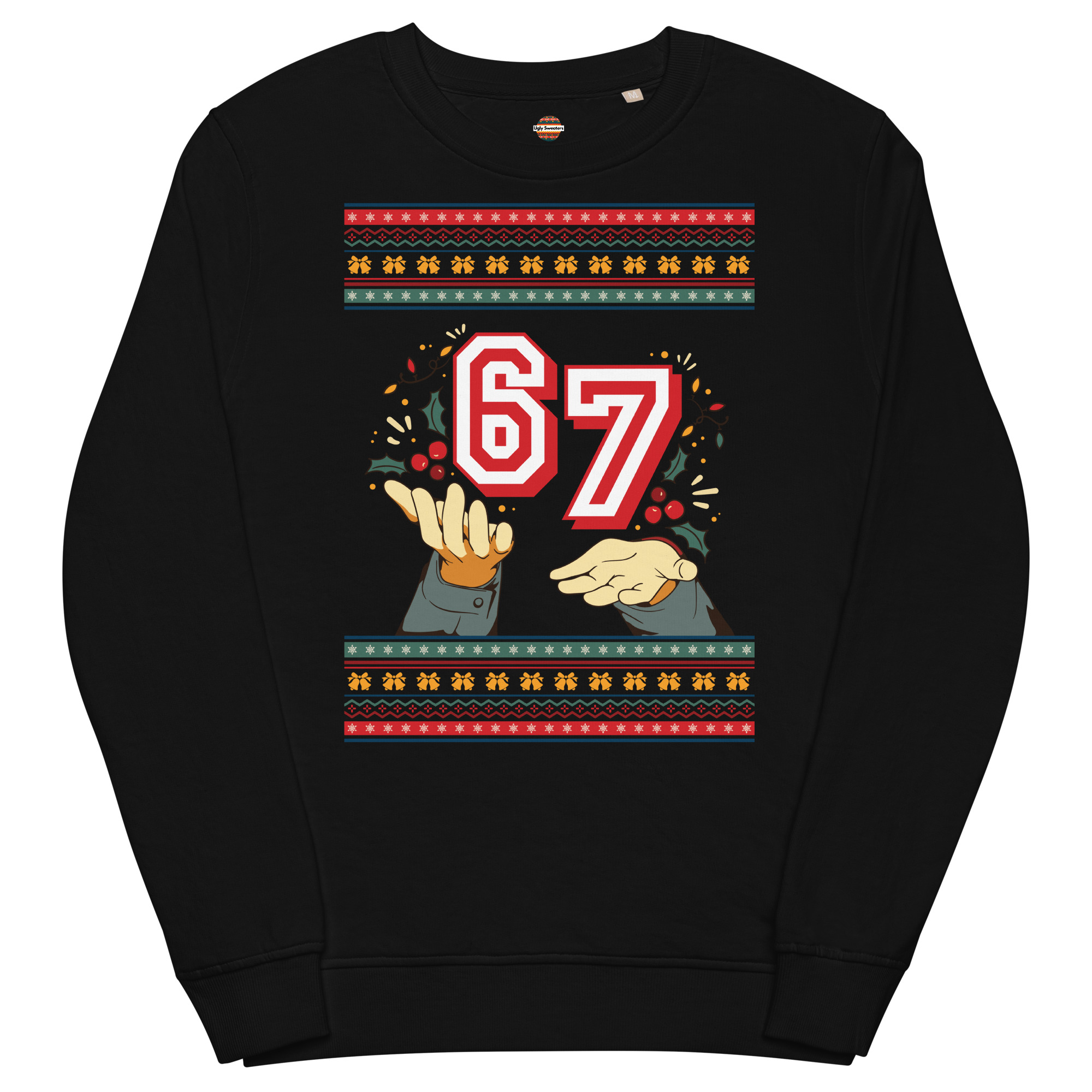 Rock this black sweatshirt flaunting a giant red and white “67”—yes, two hands literally holding the numbers—plus stars and ornaments bringing some wild party energy!.
