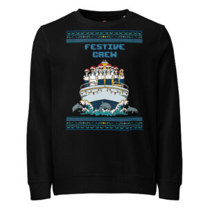 Brace yourself: black unisex sweatshirt with a cartoon crew in goofy holiday hats, wild borders, and dolphins throwing a wave party.
